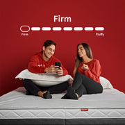 Couple sitting on a Zoning Mattress- RTS, demonstrating its firmness scale for optimal comfort and support.