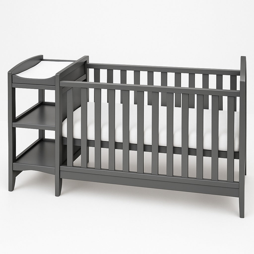 Refook- Baby Cot Bed with a side changing unit in grey, featuring storage shelves and comfortable mattress.