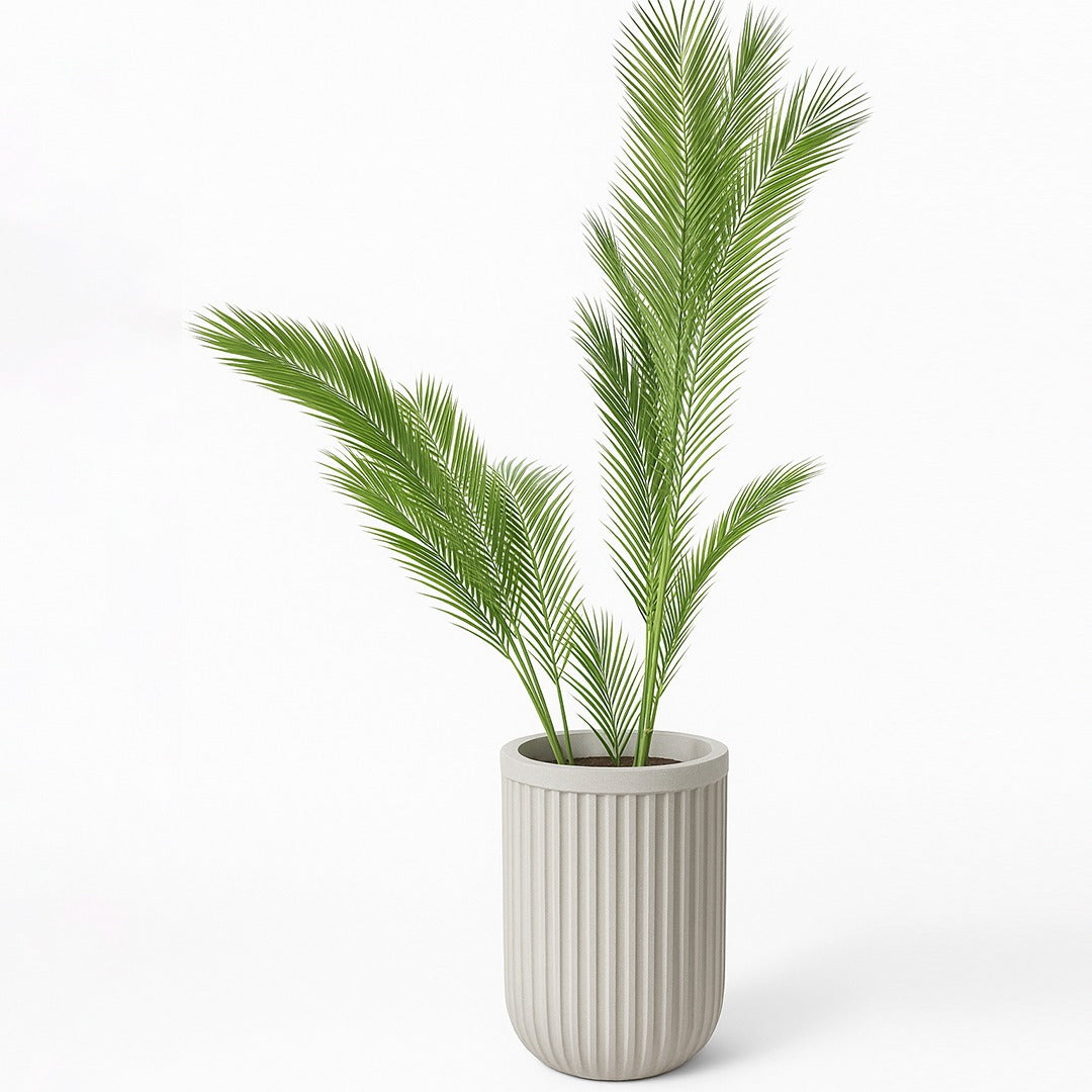 Ritano Fiberglass pot with green palm plants, showcasing refined texture and vertical elegance for indoor or outdoor decor.
