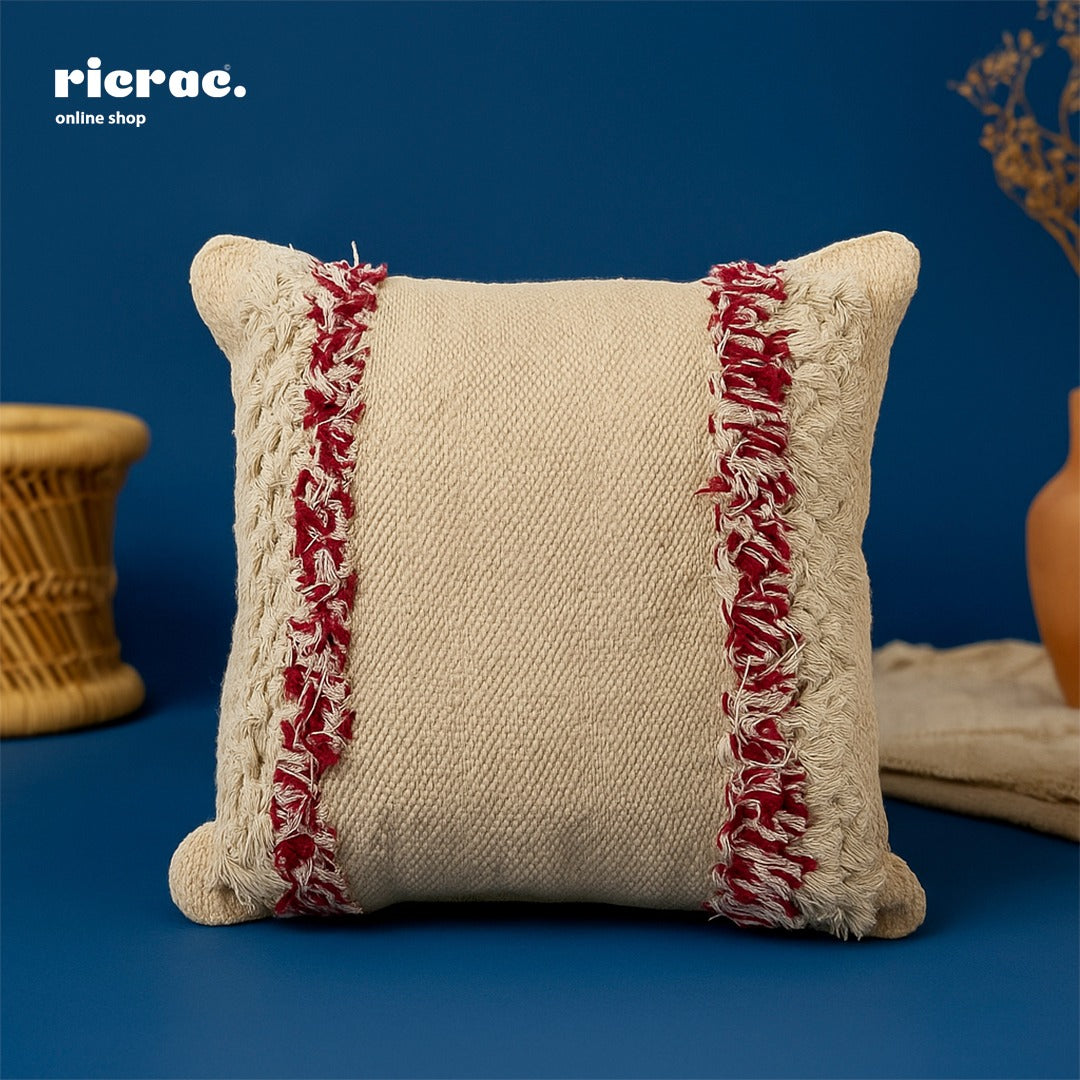 Kilim Cushion- Beige & Burgundy Fringes with intricate patterns on a blue background.