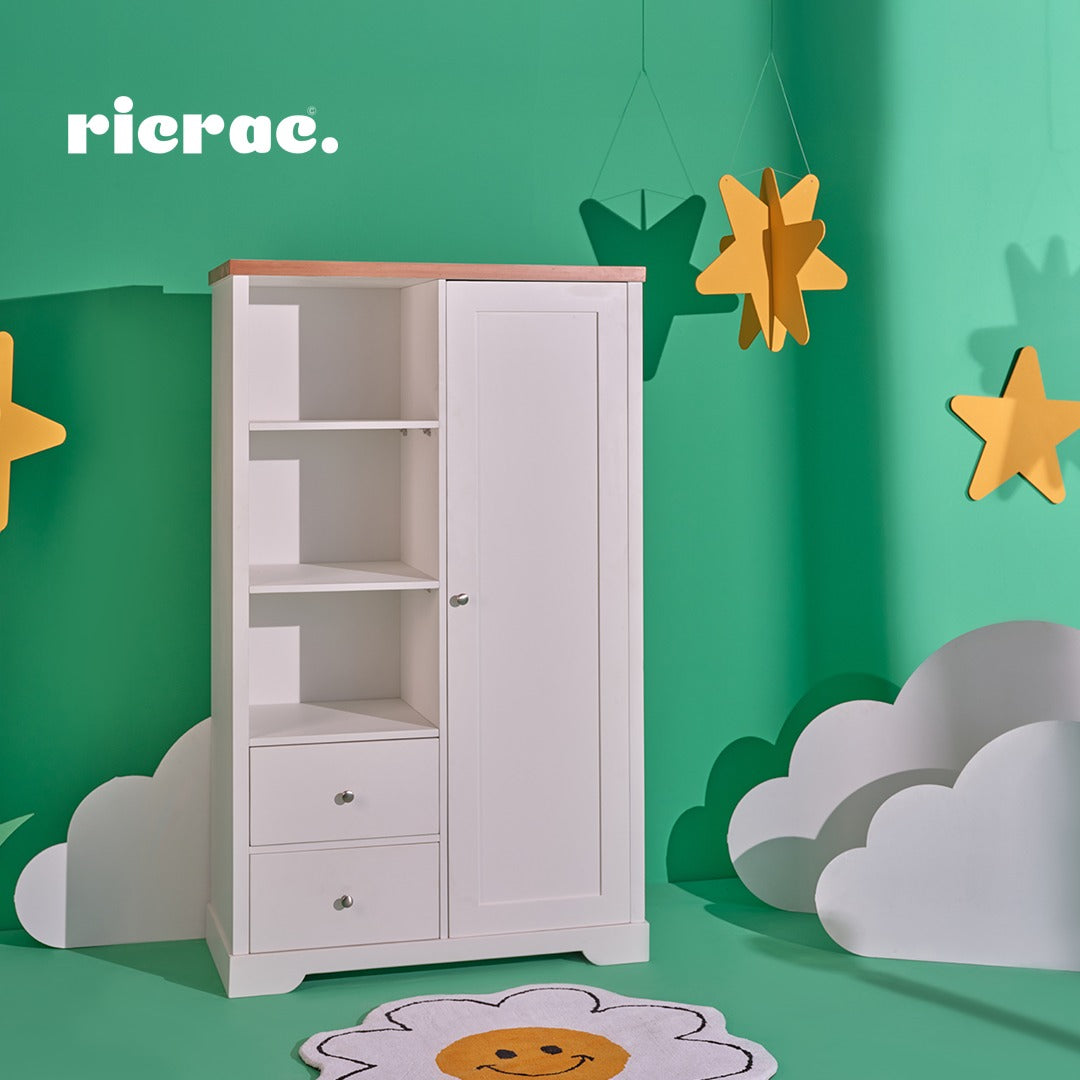 Rakala- Full Set Room - Elegant white wardrobe with shelves and drawers, perfect for nursery organization.