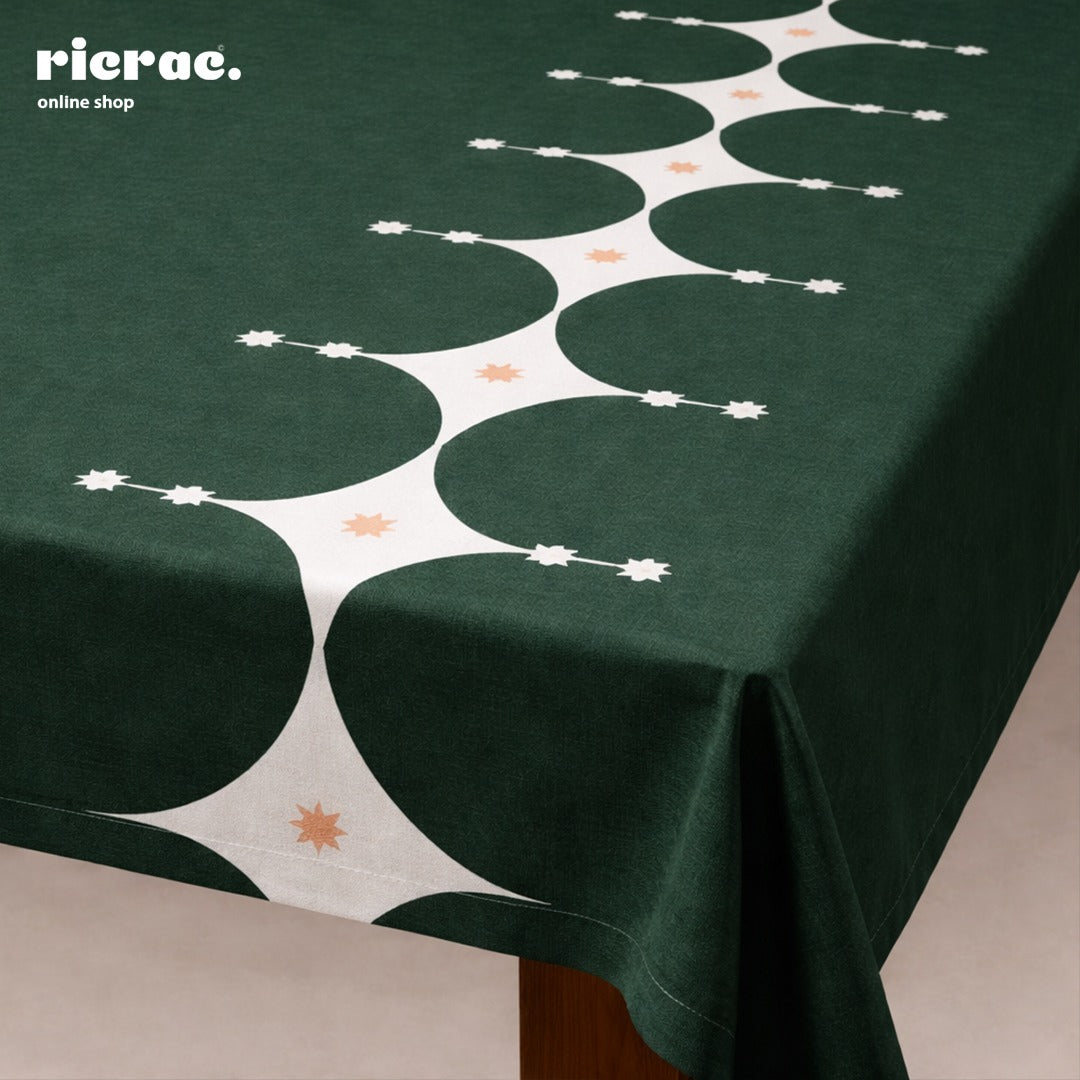 Waterproof Table Cover – Celtic Knots - Green with Orange on a dining table, featuring intricate design.
