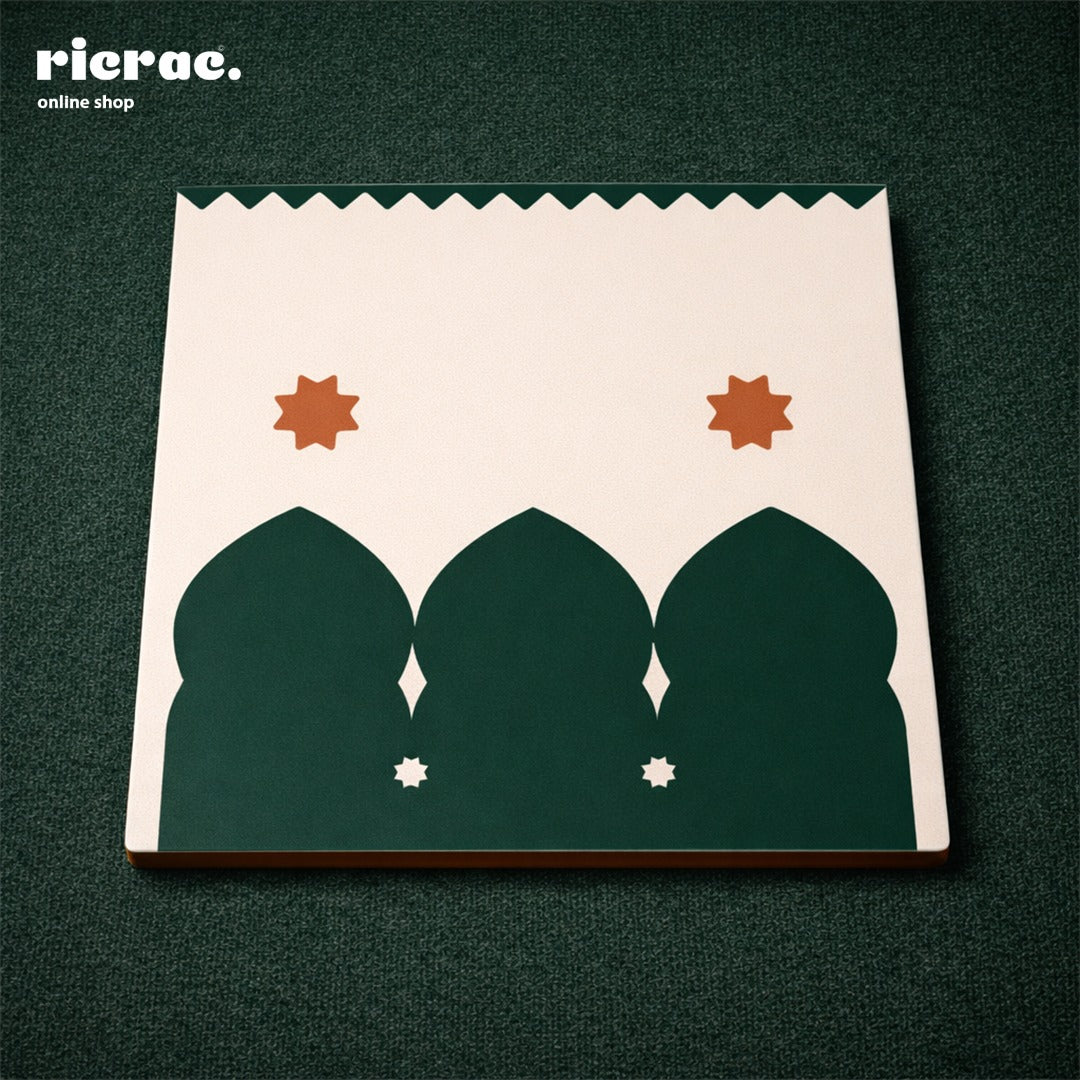 Islamic pattern coasters featuring orange star motifs on a decorative green background.