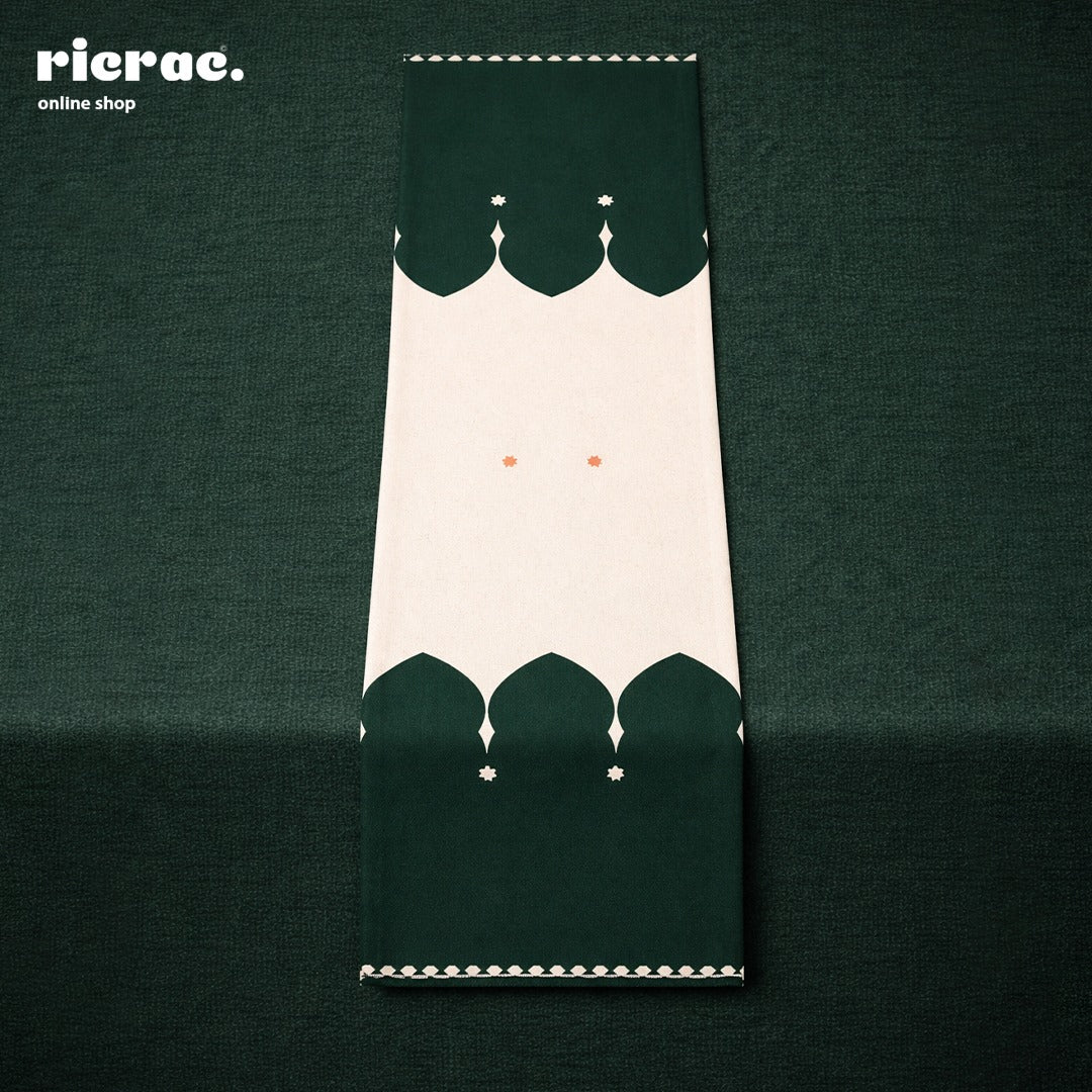 Waterproof Islamic table runner featuring an elegant design with orange star motifs on a dark green background.